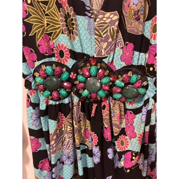 Women Blouse Wearable Art Sz XL Beaded Jewel Tone Blouse with Tie Waist - Picture 2 of 5